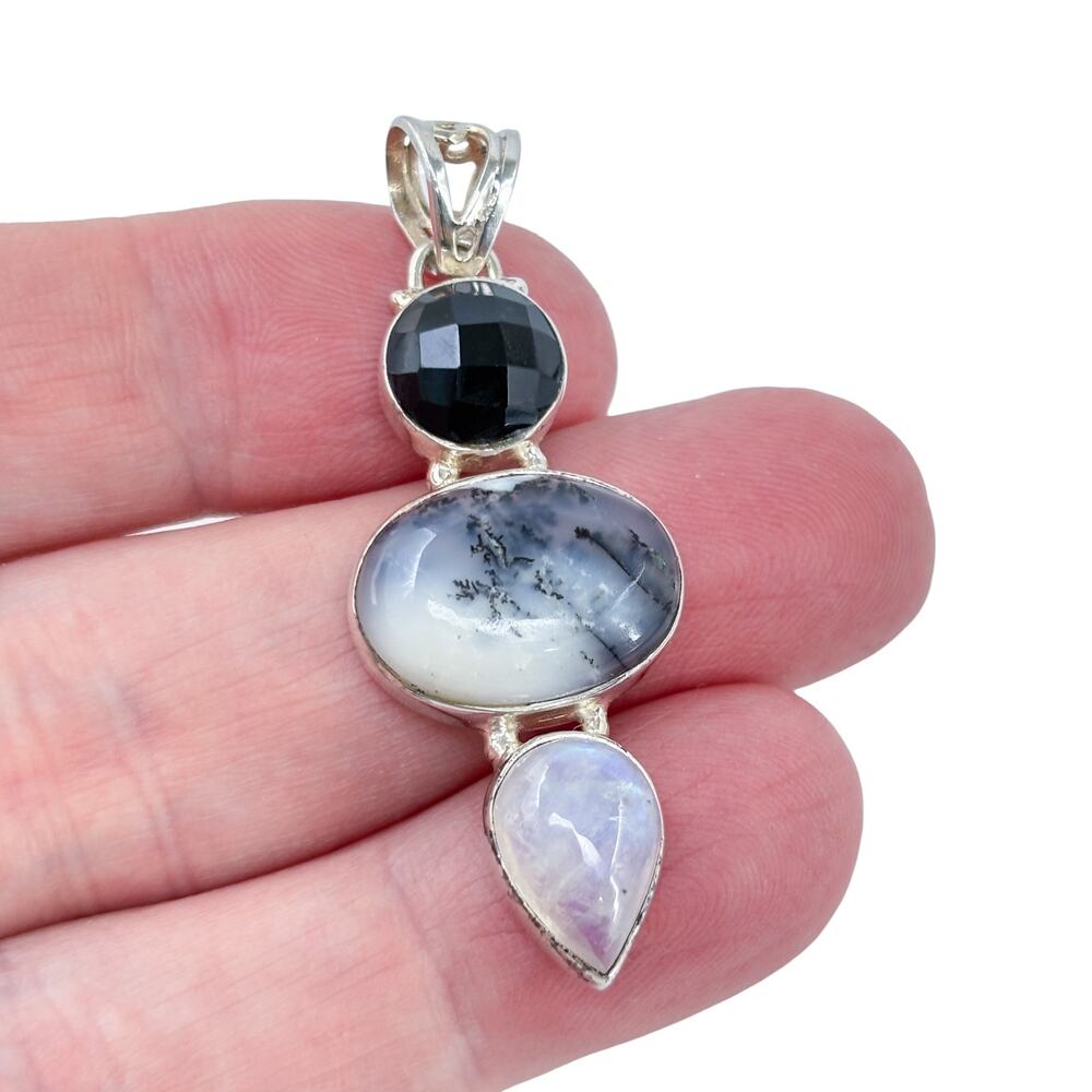 Vintage Sterling Silver 925 Garnet, Dendritic Agate, Moonstone Pendant